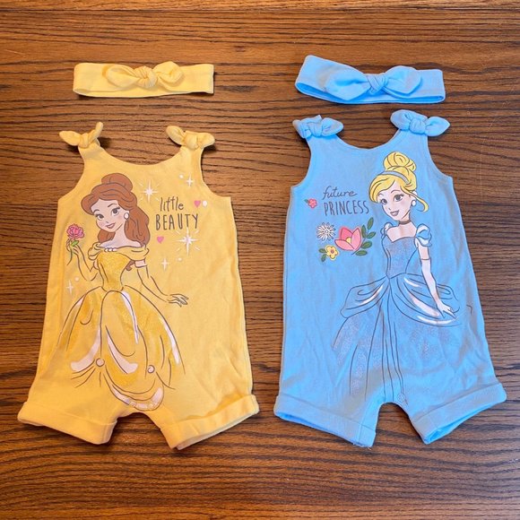 Disney Other - Disney Princess Bundle Belle Cinderella Snap Romper Headband Size Girl 6-9M